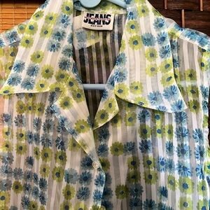 Sheer Blouse with Blue and Green Floral Design